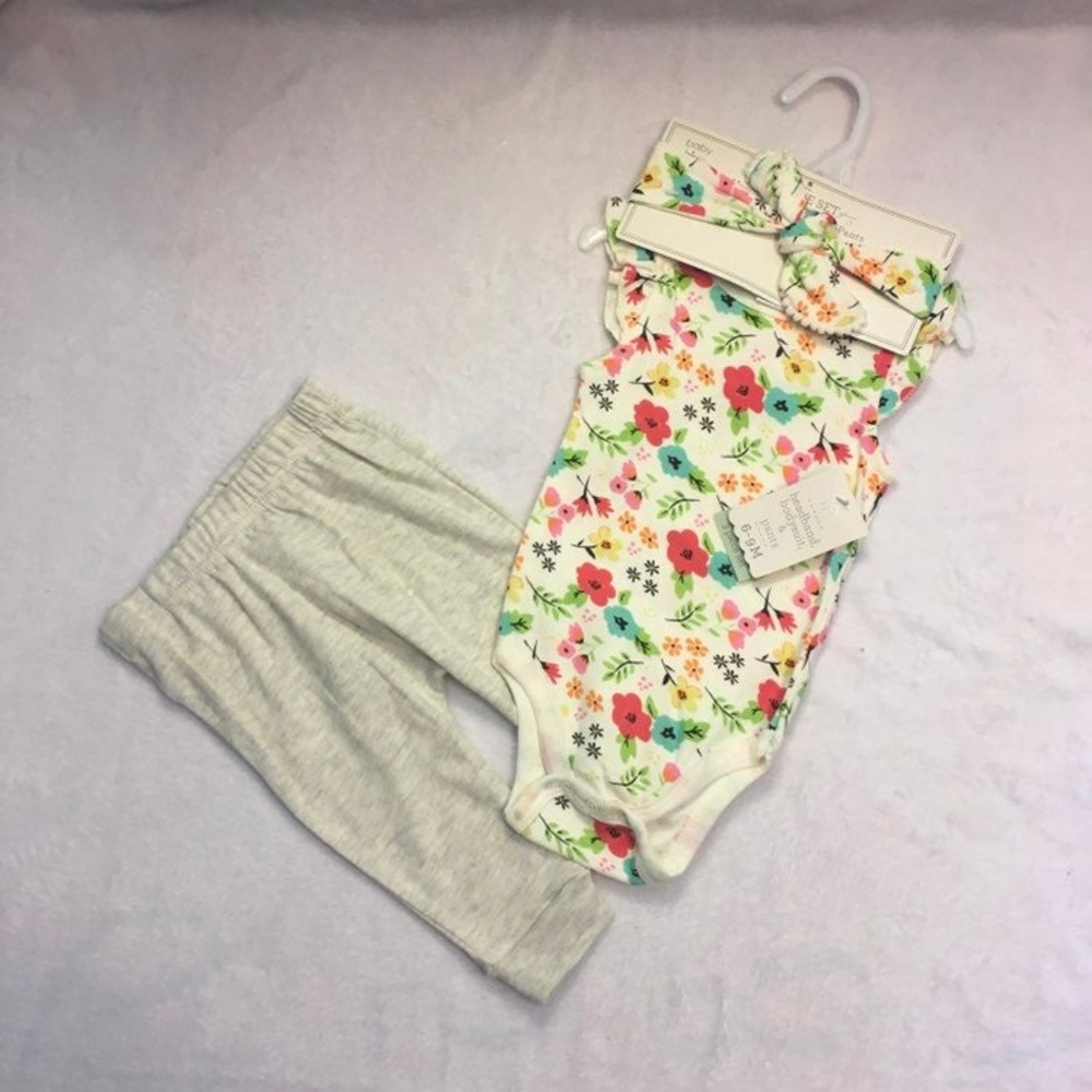 Baby Kiss 3 Piece Outfit Set Kids 6-9M Gray Floral New Bodysuit Pants Headband